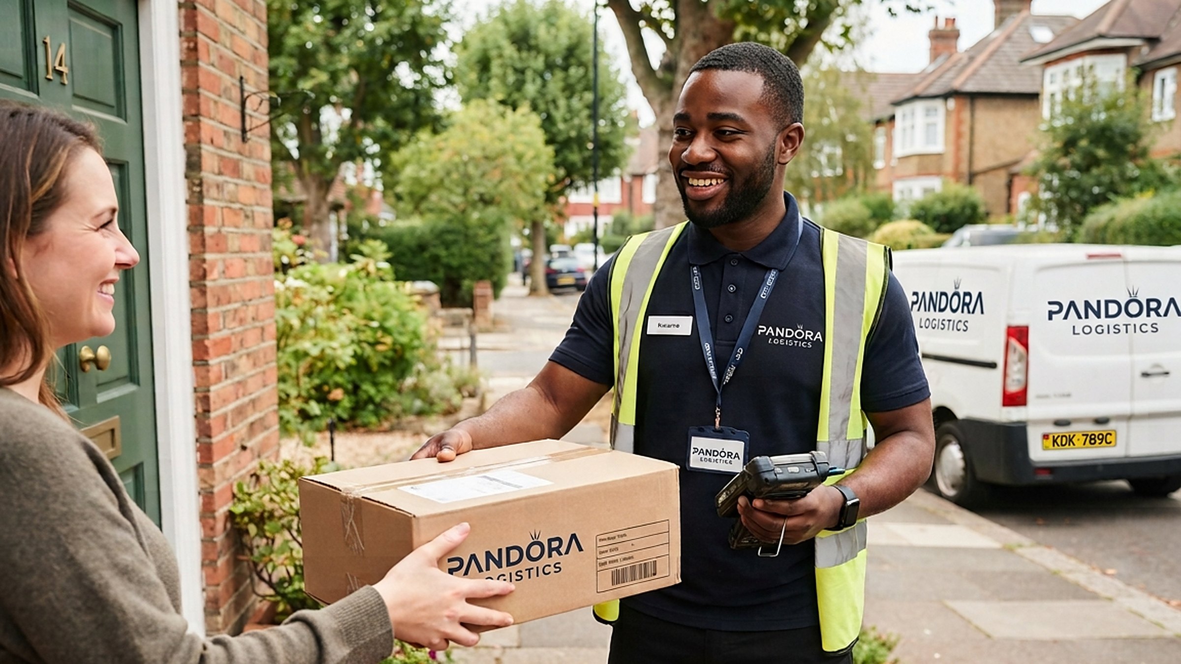 Pandora Logistics courier handing a parcel to a customer at their front door