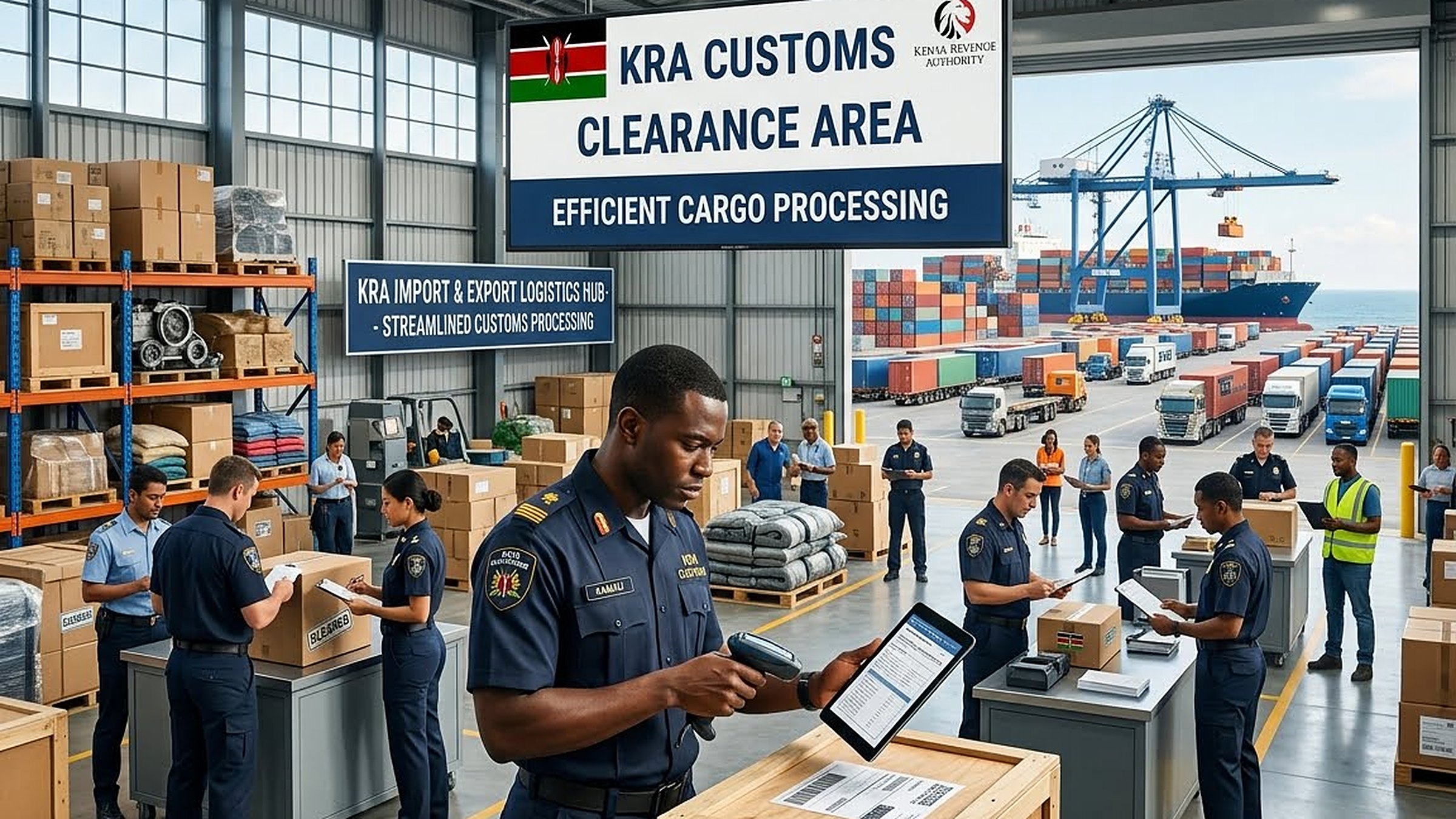 Customs officers scanning and clearing crates in a busy customs clearance area