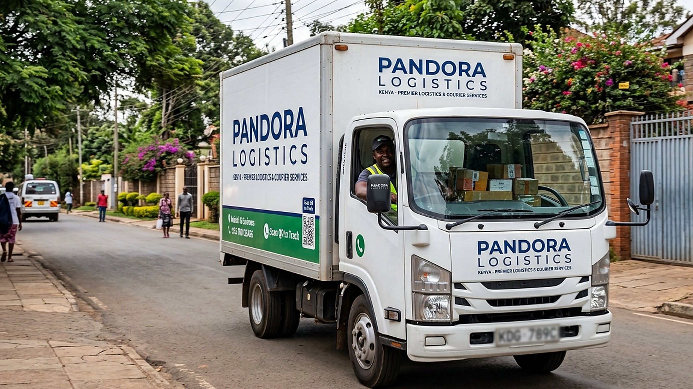 Pandora Logistics delivery truck driving down a leafy Nairobi street
