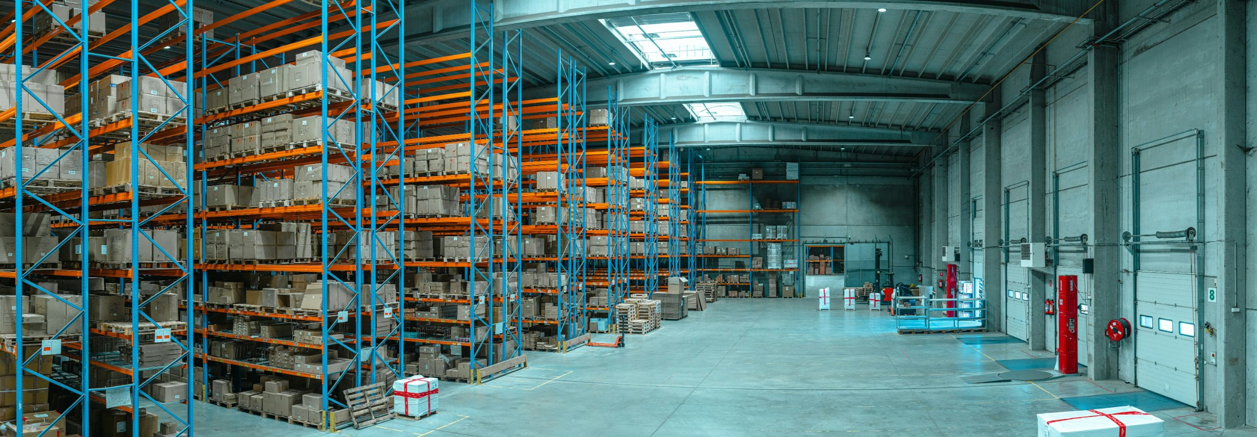 Large racked cargo warehouse with loading docks