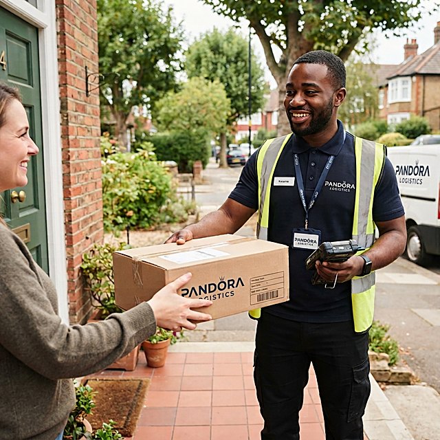 Pandora Logistics courier handing a parcel to a customer