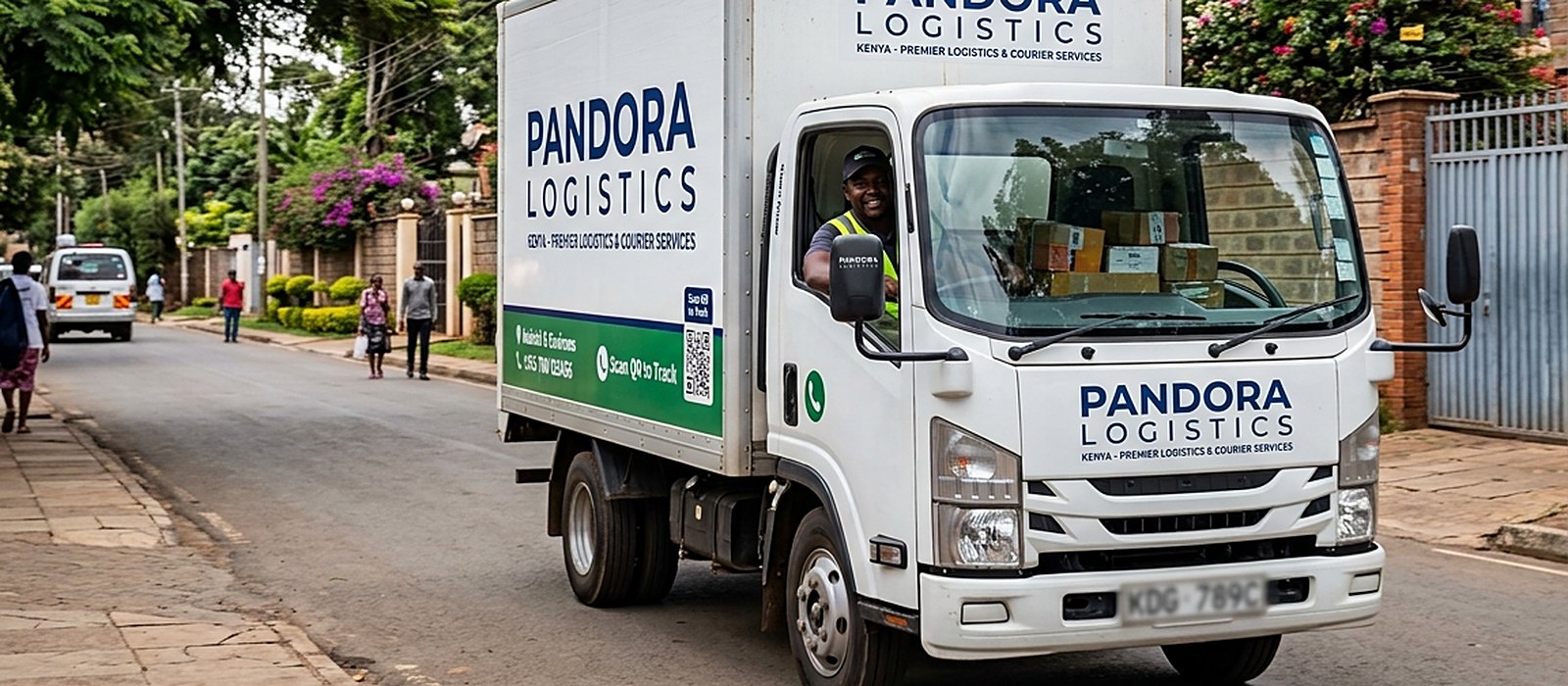 Pandora Logistics delivery truck on a residential street in Nairobi