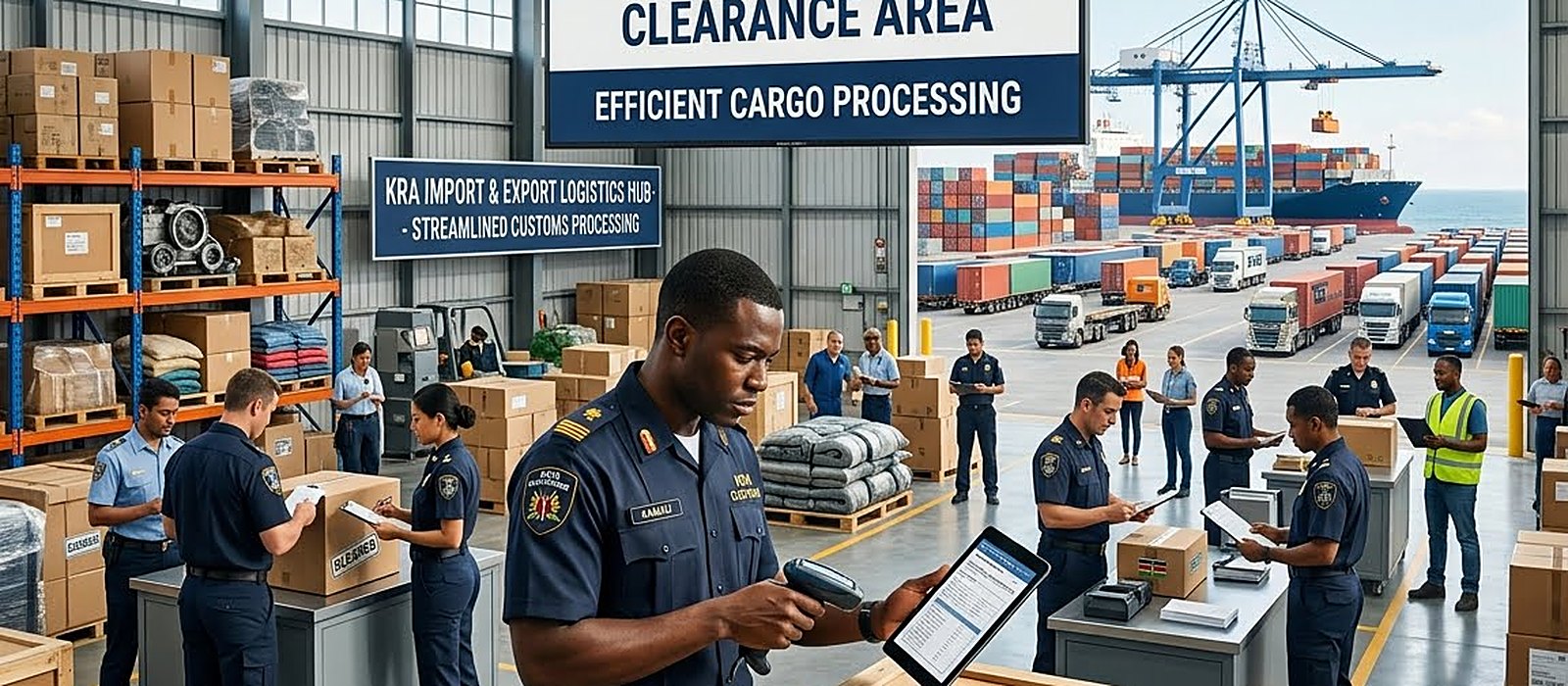 Customs officers scanning and clearing crates at a customs clearance area