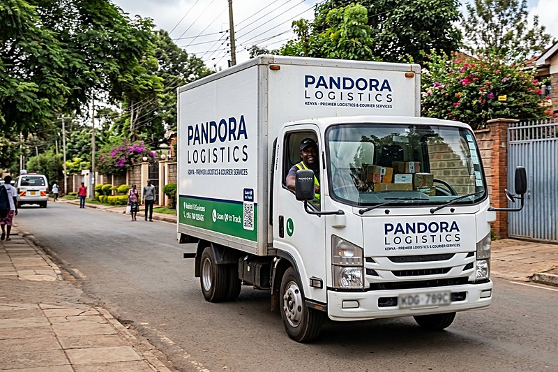 Pandora Logistics delivery truck on a residential street in Nairobi