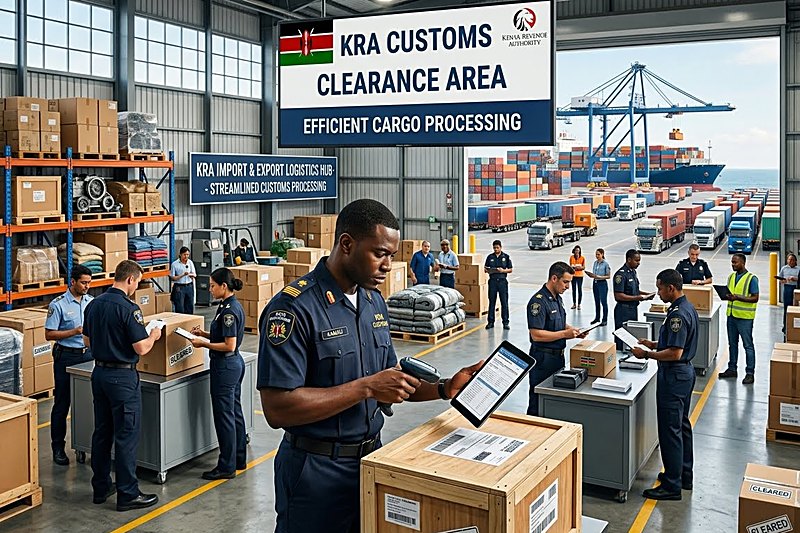 Customs officers scanning and clearing crates at a customs clearance area