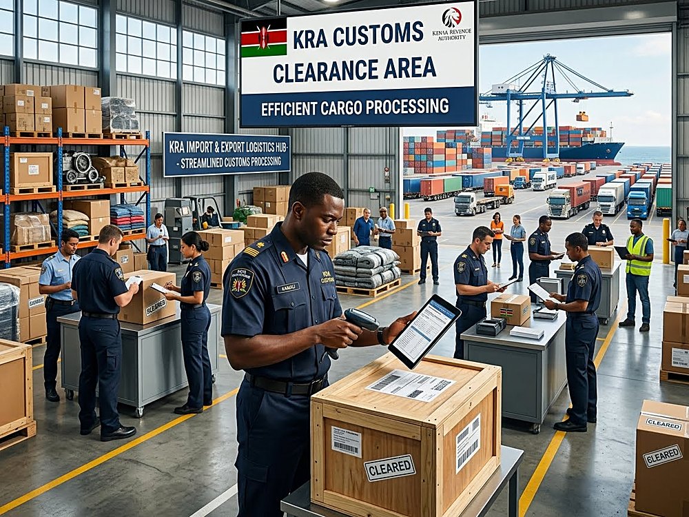 Customs officers inspecting and clearing cargo at a customs clearance area
