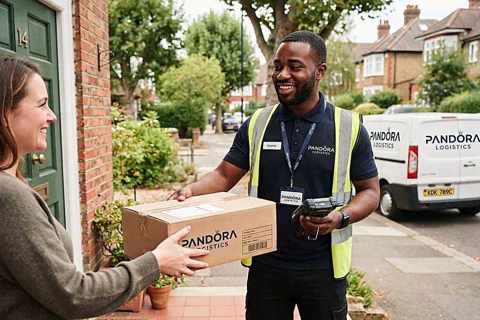 Pandora Logistics courier handing a parcel to a customer at their door